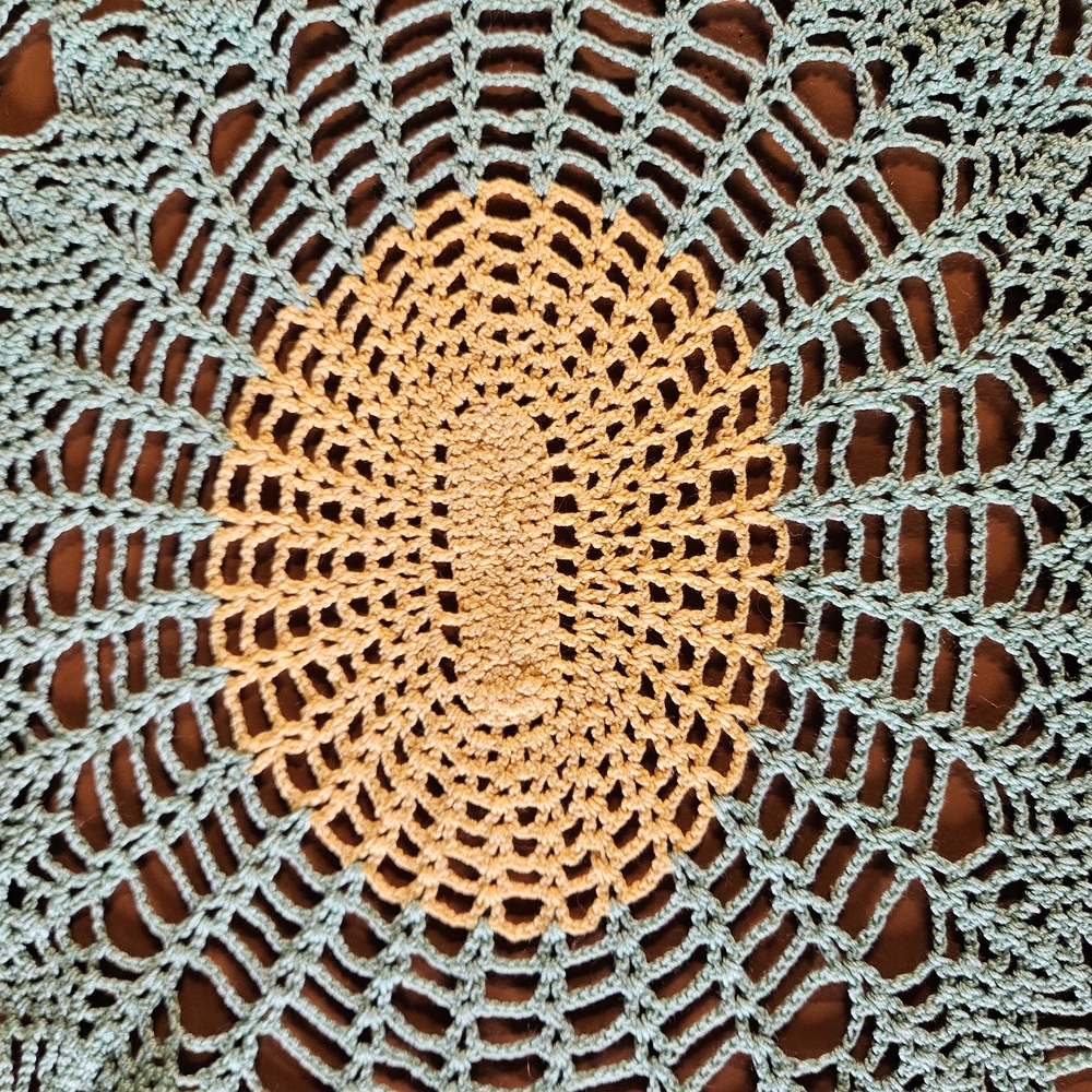Elegant Crochet Doily in Green and Yellow Oval 18" X 16" - Picture 2 of 4